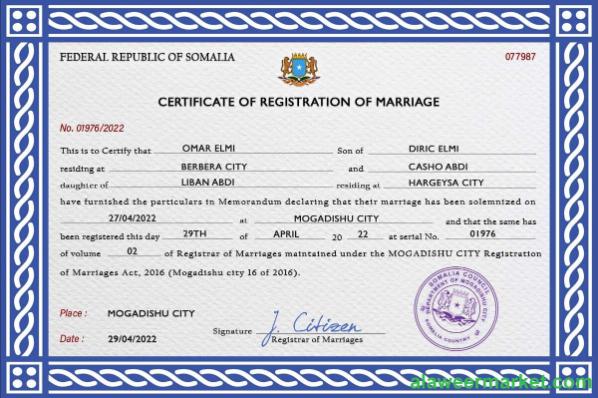 Somalia marriage certificate PSD template
